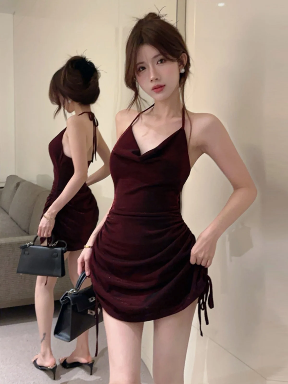 

Sexy Trendy Girl Pure Desire Spicy Girl Dstring Pleated Slim Waist ter Bal Dr Summer High Waist PU Leather