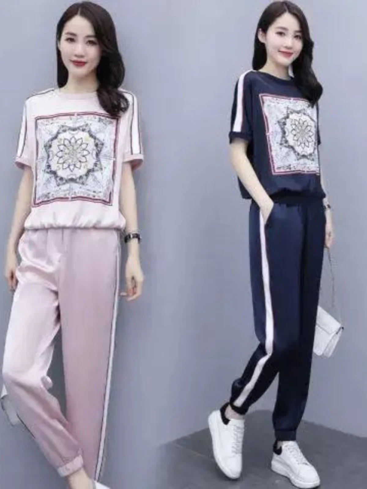 Summer Silk round Neck T-Shirt Women's Loose Short Sleeve Fashionable Versatile Print Casual Top Quality  Silk Blend