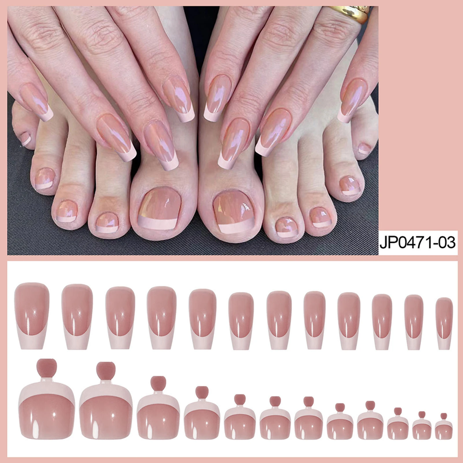 Pink with White Tip Fake Nail Toenails Full Cover Square Artificial Nail Tips for Shopping Traveling Dating FOU99