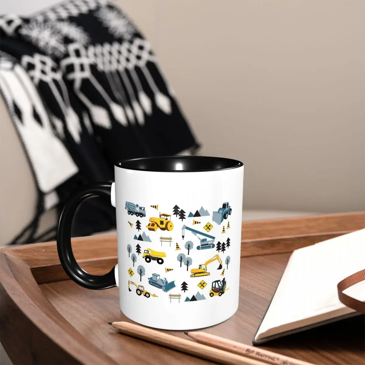 Blue Construction Trucks & Site Theme Pattern Mug Funny Ceramic Coffee Cups Tea Mugs Milk Cup Drinkware Gift for Woman Man