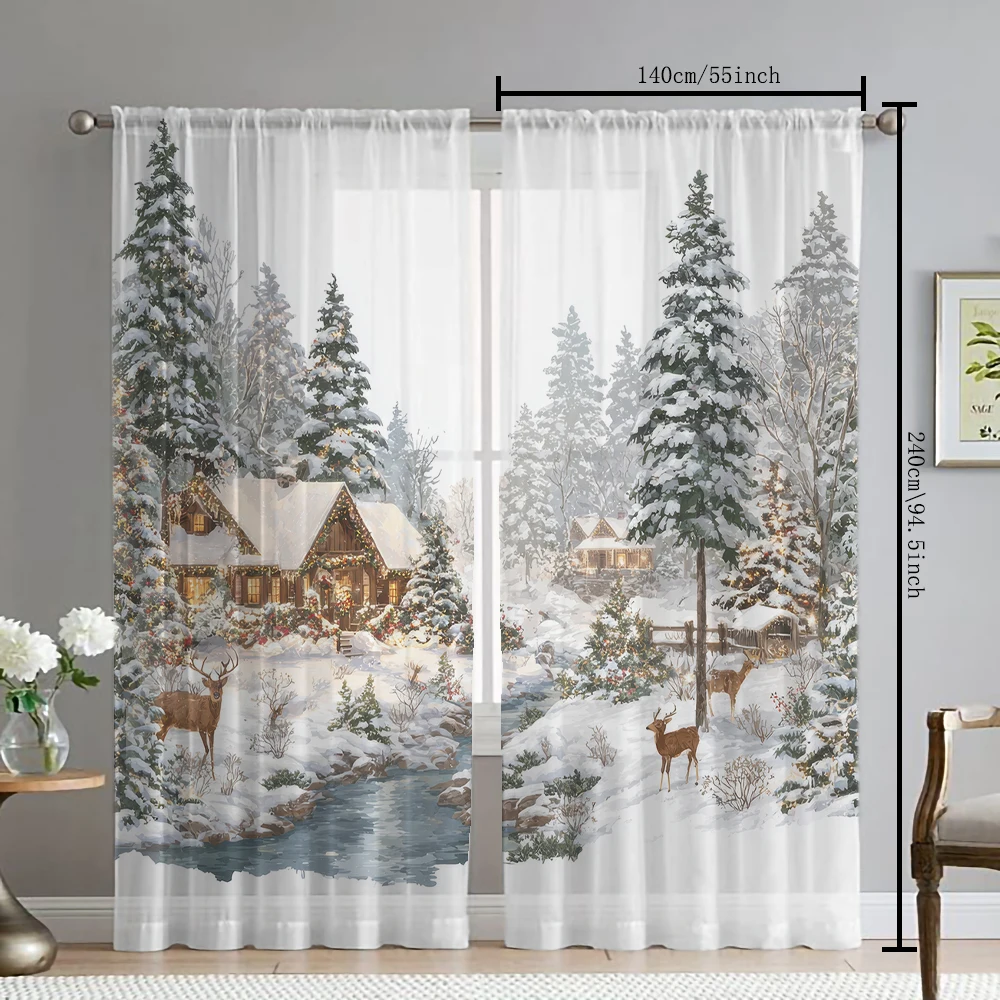 2Pcs Reindeer Wooden House Forest Snow Landscape Print Home Decoration Window Screens Suitable For Restaurants, Bedrooms