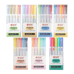 Dupla Cabeça Highlighter Pen Set, Marcadores Fluorescentes, Marcadores Canetas, Art Marker, Japonês Bonito, Papelaria Kawaii, 5 Cores/Caixa