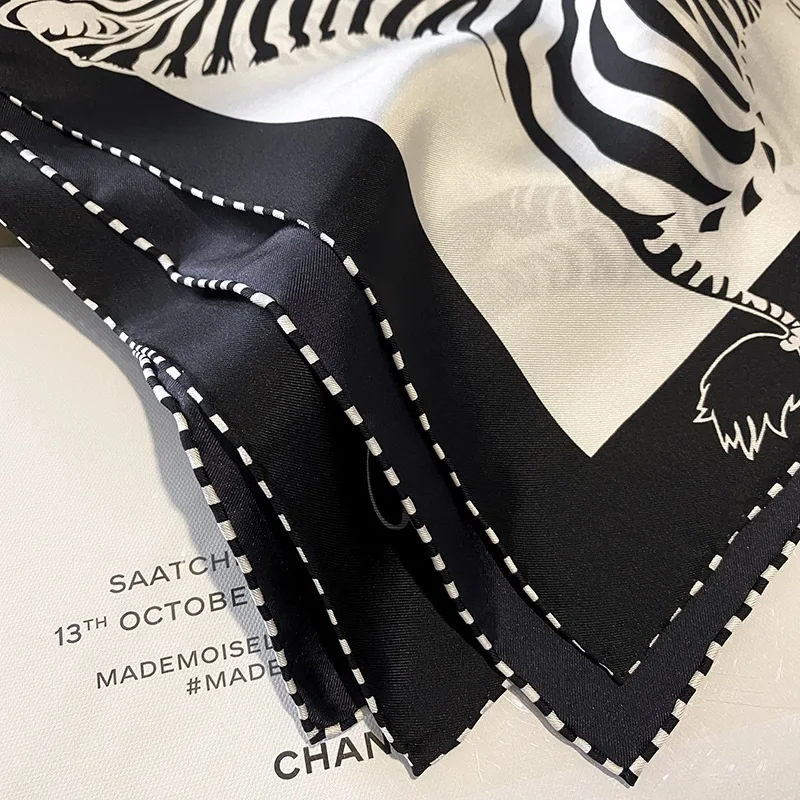 Zebra Print 100% Silk Neckerchief Necktie Women Square Head Scarves Hijab for Hair Wrapping 68*68cm