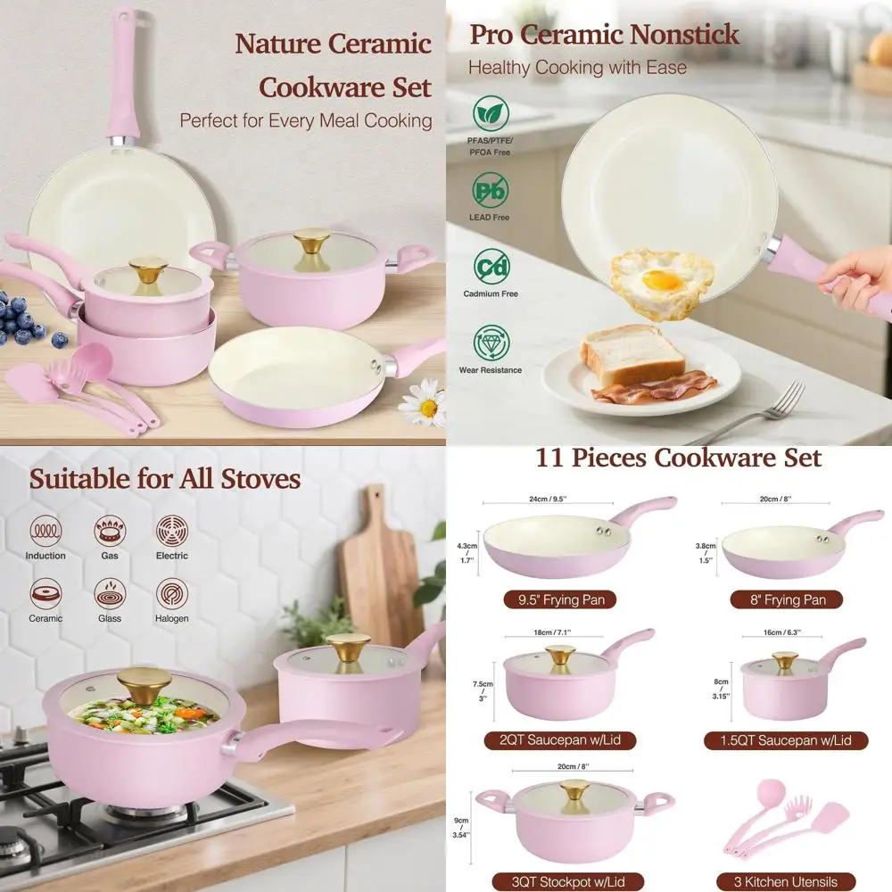 

Набор посуды с антипригарным покрытием, розовый набор посуды Ceic, 11 предметов, индукционная посуда, нетоксичный кухонный набор для приготовления пищи, золотые ручки