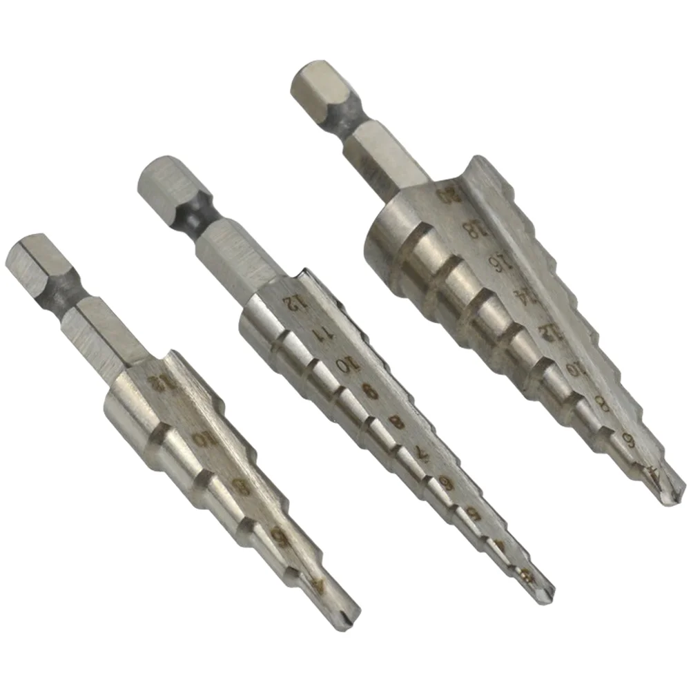 3PCS Step Drill Bit Set with Hexagonal Shaft and Straight Flute Constructed from HSS 4241 for Metal Wood Plastic Use