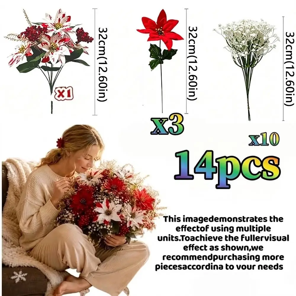 UV Resistant Artificial Poinsettia Bouquet Lush Leaves Realistic Poinsettia Berry Floral Bunch Red Berries Pine Cones