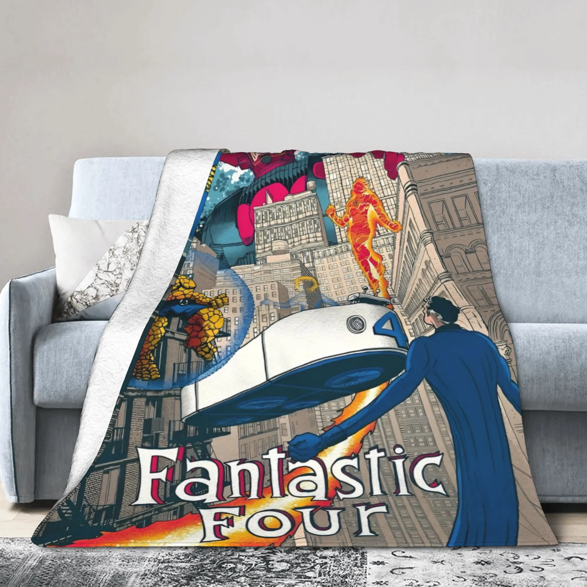 

Fantastic Four Team Up Flannel Blanket Comics Cartoon Vintage Throw Blankets Bedspreads 125*100cm Plush Thin Quilt Lightweight