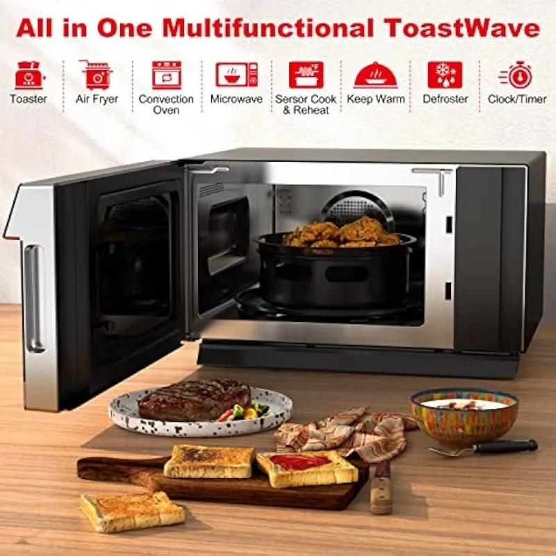 Pemanggang roti 4-in-1 dengan 360 totalifry, konveksi, Microwave, Oven pemanggang roti, penggorengan udara, 1000W, Cu 1.2 kaki, layar LCD, masak