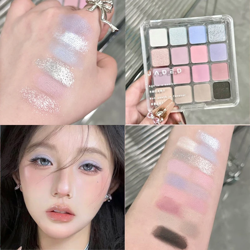 Paleta de sombras de ojos con purpurina nacarada, azul mate, rosa, maquillaje de ojos encantador coreano, pigmentos brillantes duraderos de 16 colores, cosméticos