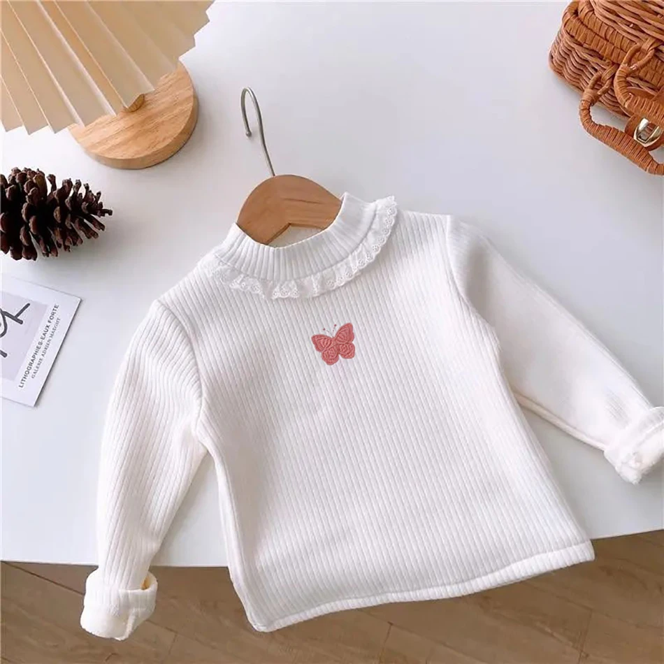 

Cute and Warm Girls Plush Lined T-Shirts Autumn Winter One Piece Base Bottoming Layer Top Everyday Comfortable and Stylish Wear