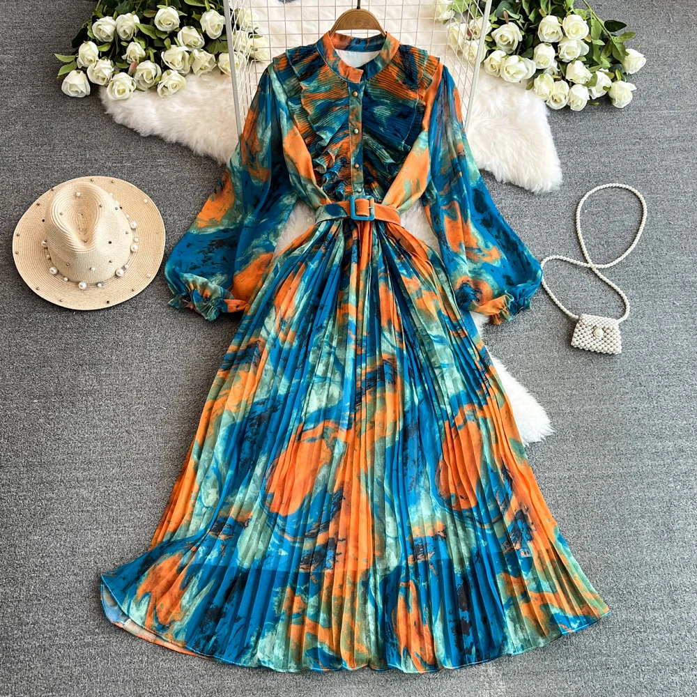 Summer Long Chiffon Dress for Women Elegant Ruffle Ruched Bust Full Sleeve Pleated Boho Vestidos Tie Dye Holiday Chic New In