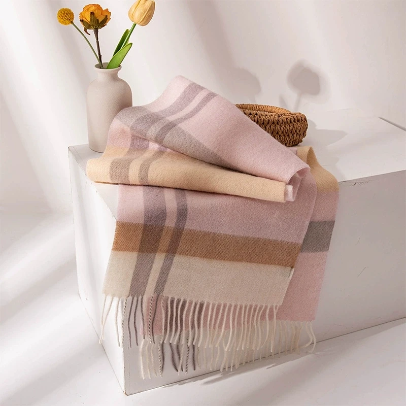 

100% шерстяной розовый клетчатый зимний шарф для женщин, длинные теплые кашемировые шарфы, однотонная шаль, женские шарфы-банданы из пашмины