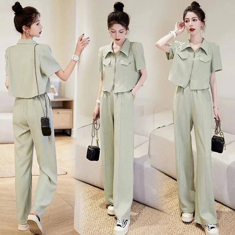 2023 Summer New Casual Fashion Light Mature Style Temperament High Grade Set Short Sleeve Shirt Wide Leg Pants Two Piece Set WL9