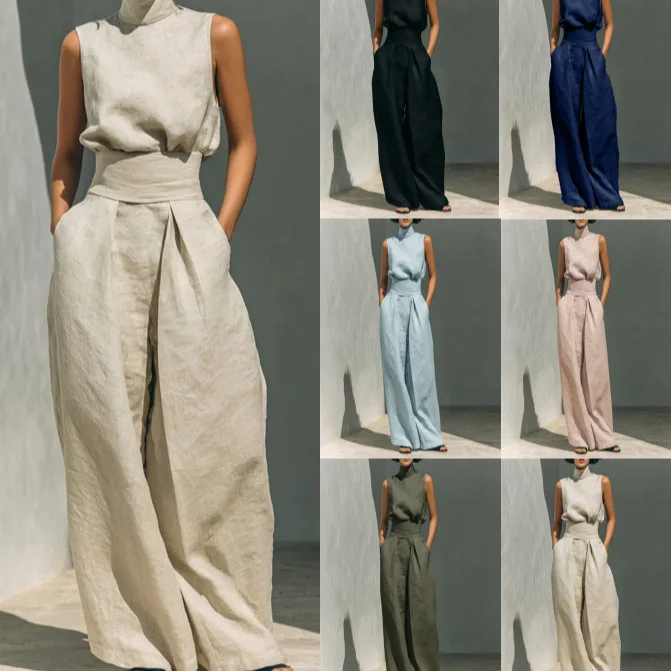

Spring Summer 2026 Casual Cotton Linen Women's Set Independent Station Cross-Border No Sleeve Long Pants Leisure Suit