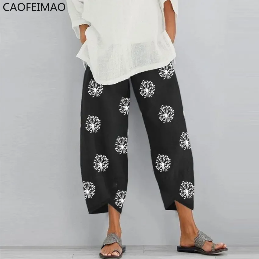Cotton Linen Harem Pants Women Vintage Elastic Waist Wide Leg Trousers Female Casual Harajuku Pockets Loose Yoga Pants Pantalon