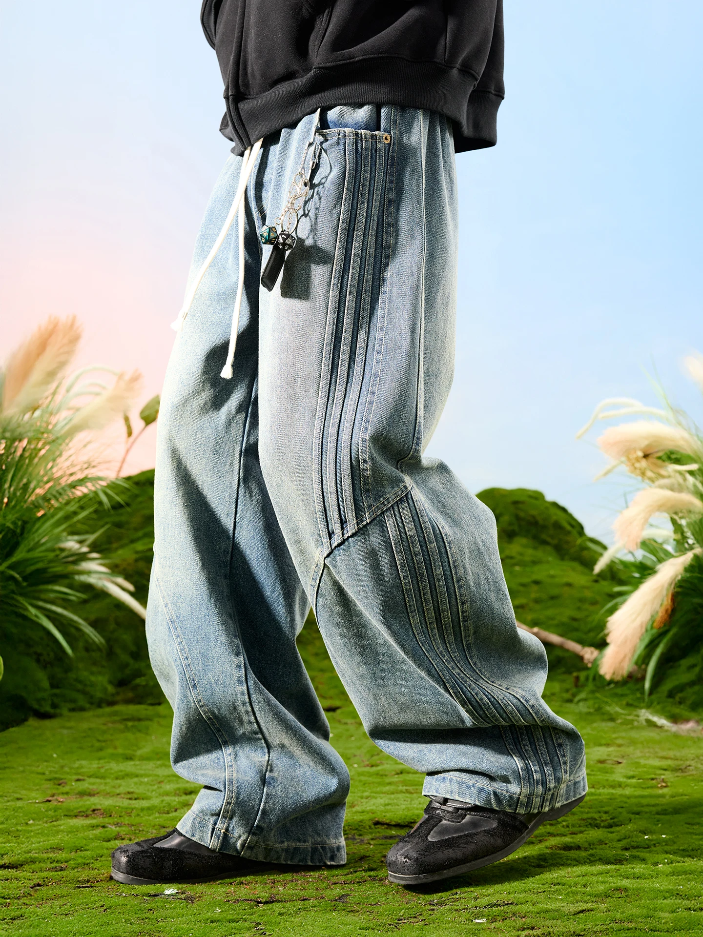 

Джинсы Nuthink в американском ретро-стиле, широкие, с эффектом пэчворк, с вырезами, в полоску, весна 2026, повседневные, свободного кроя