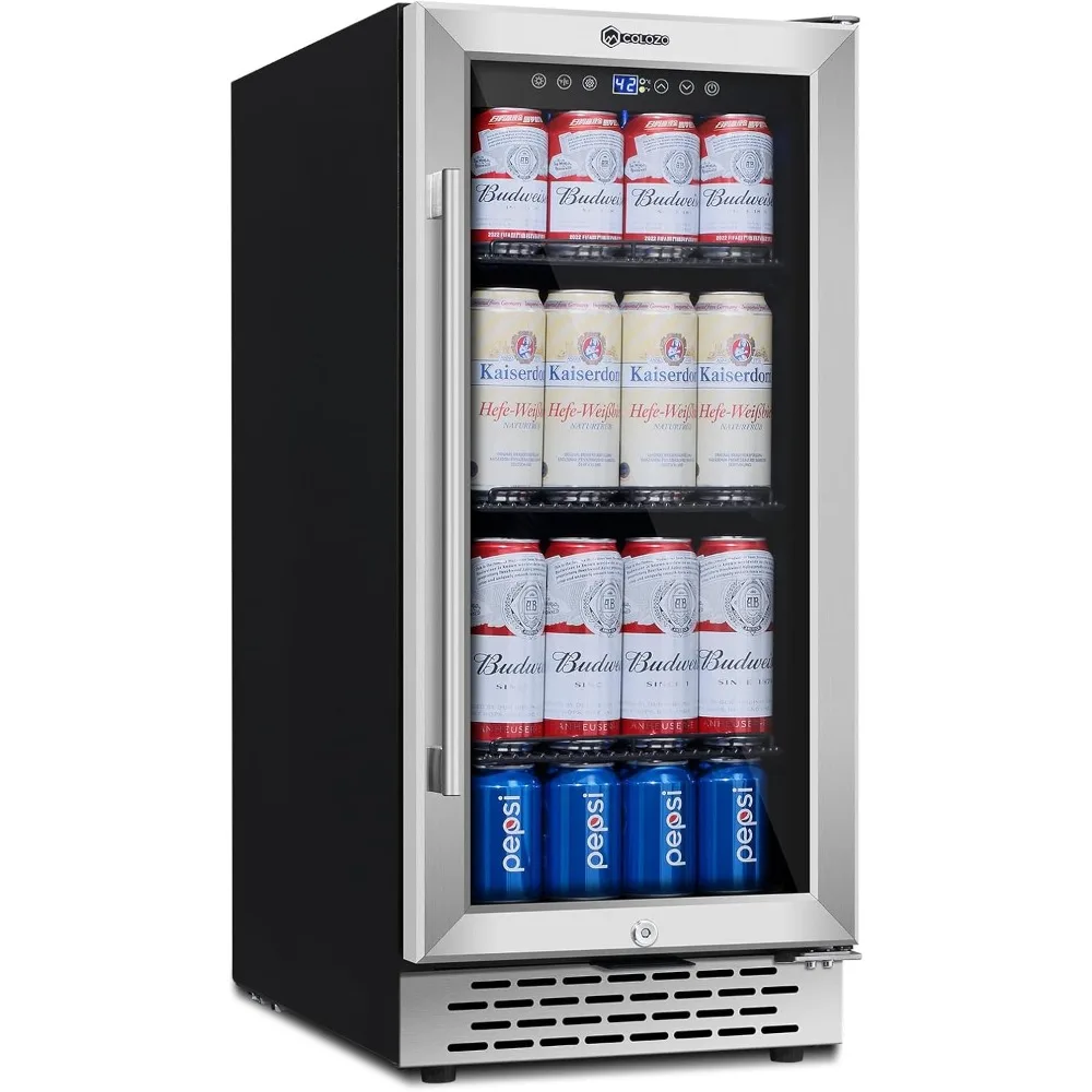 15 inch Beverage Refrigerator with Glass Door 130 Cans Mini Beverage Cooler Under Counter Frestanding Built in Center Garage