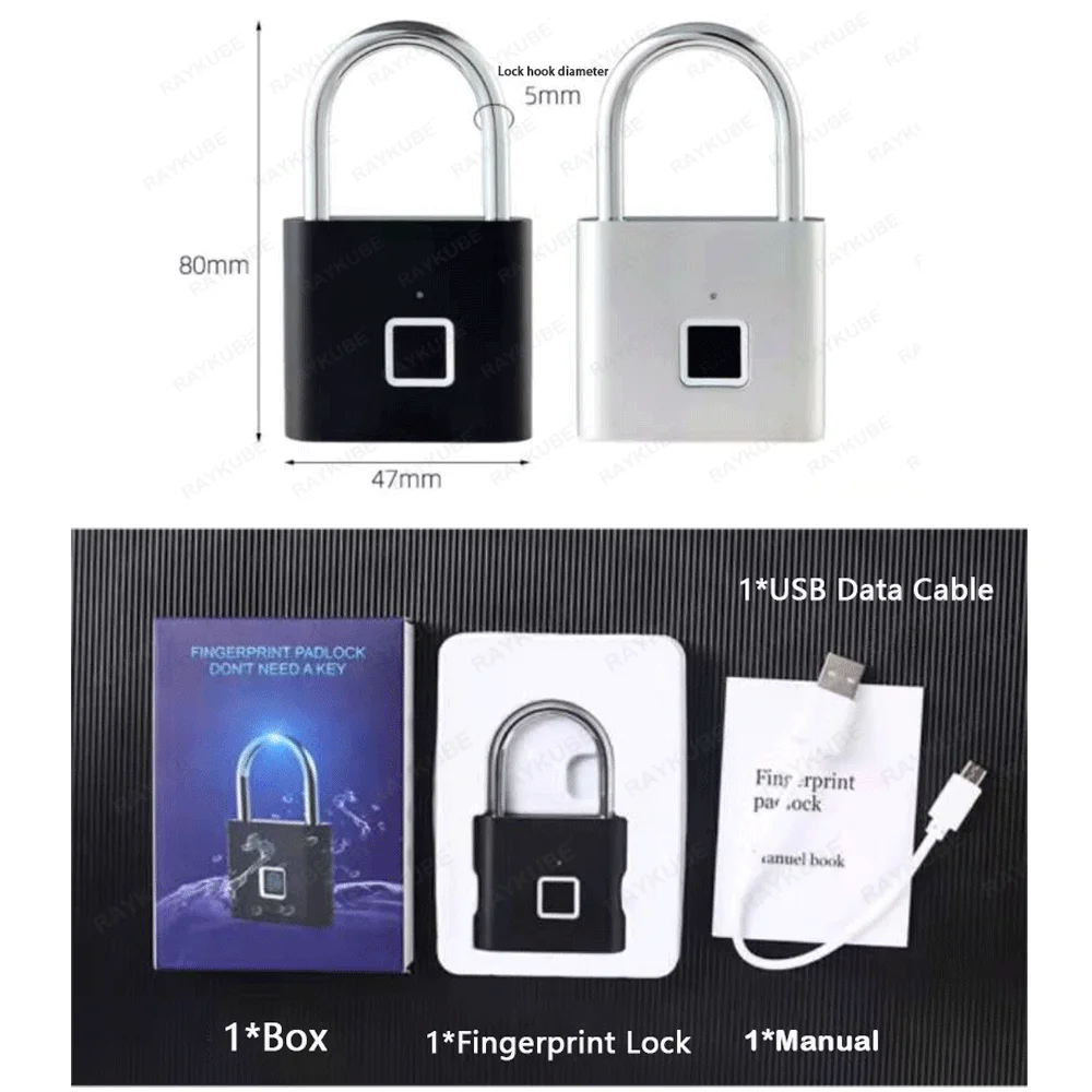 Candado de huella digital inteligente RAYKUBE P2, candados biométricos de aleación de Zinc impermeables con batería recargable incorporada, carga USB