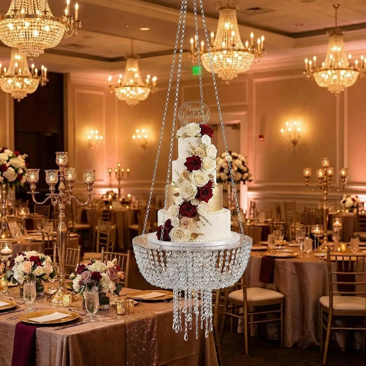 Suspended Cake Swing Stand, Faux Acrylic Crystal Chandelier Style with Draped Design, 17.7 Inch Diameter, Crystal Finish, for Wedding, Event and Party Decoration
