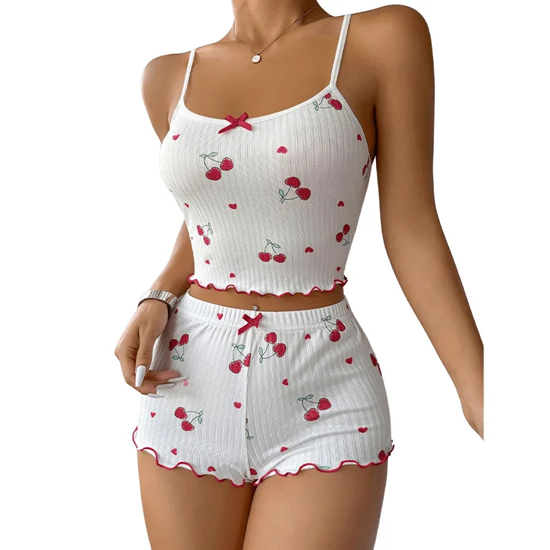 Conjunto de pijama de 2 piezas para mujer con estampado de cereza y lazo frontal y pijama corto Conjunto de ropa de dormir suave y linda