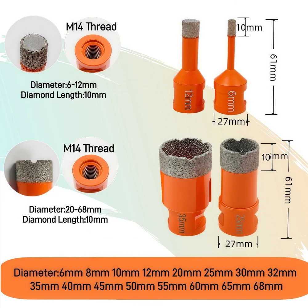 1 Stück M14 Diamantbohrkernbohrer, Bohrdurchmesser 6-68 mm, Diamantbohrer, Lochsäge für Granit, Porzellan, Keramik, Fliesenbohrer – Detail 1