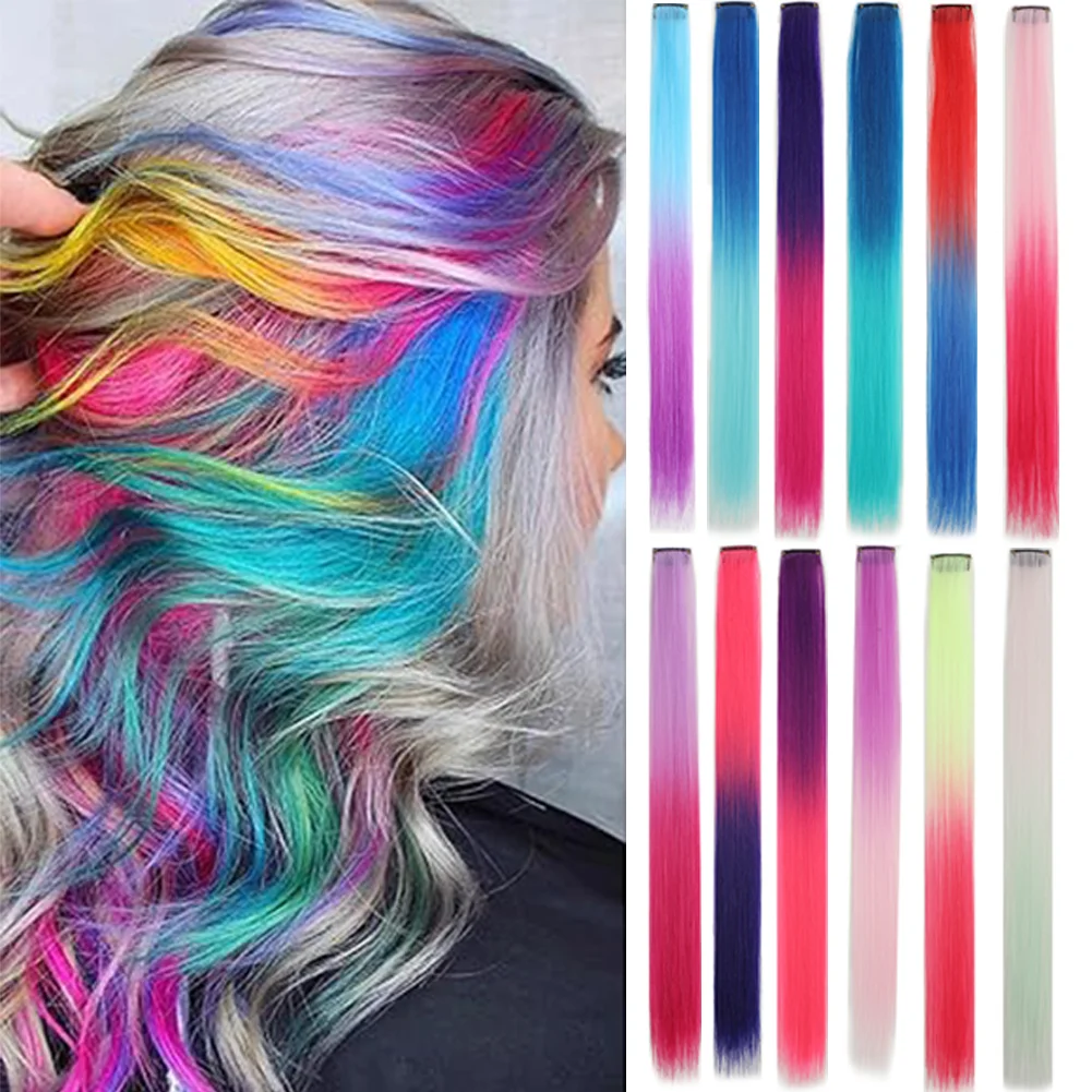10PCS/Pack Colored Party Highlights Clip in Hair Extensions for Girls 18 Inches Omber colors Straight Hair Synthetic Hairpieces