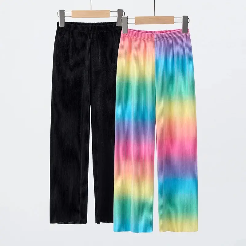 Summer Girls Rainbow Pleated Wide-leg Pants Female Students Comfortable Versatile Elastic Waist Pants.