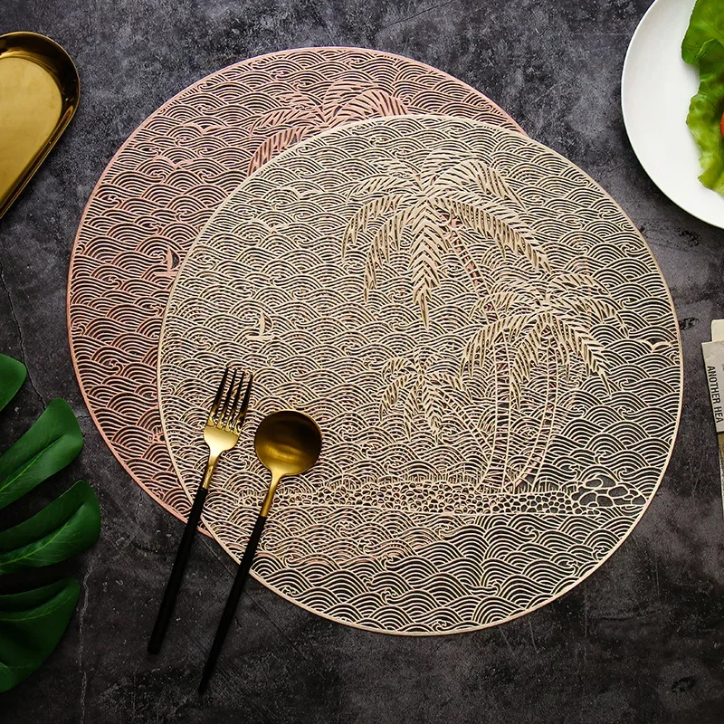 1pc Round Placemat Restaurant Leaf Wheat Ears Weave Pattern Table Mat PVC Hollow Meal Pad Festival Coffee Dining Table Decor Mat