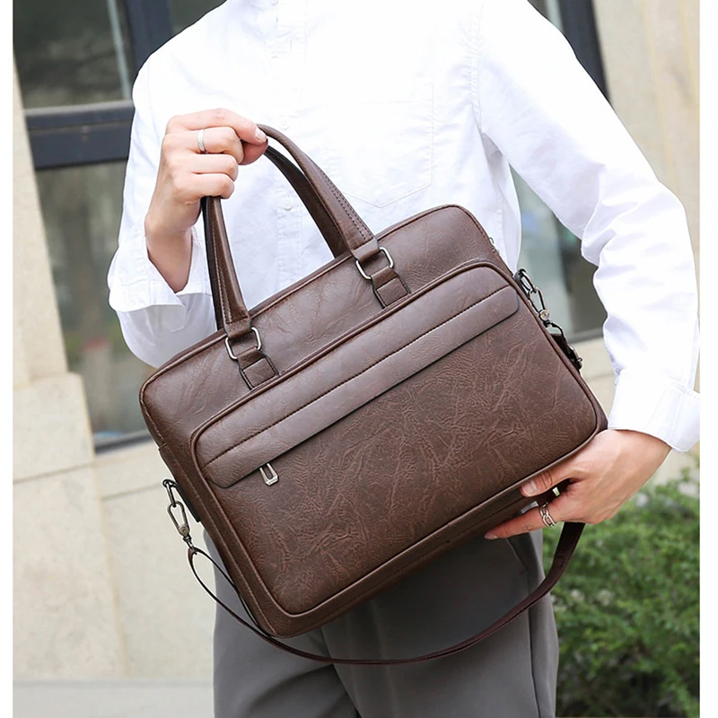 กระเป๋าเอกสารสําหรับผู้ชาย PU หนังกระเป๋าถือแล็ปท็อปไหล่ Vintage Messenger Portfolio ไม่มีโลโก้กระเป๋าสําหรับเอกสาร