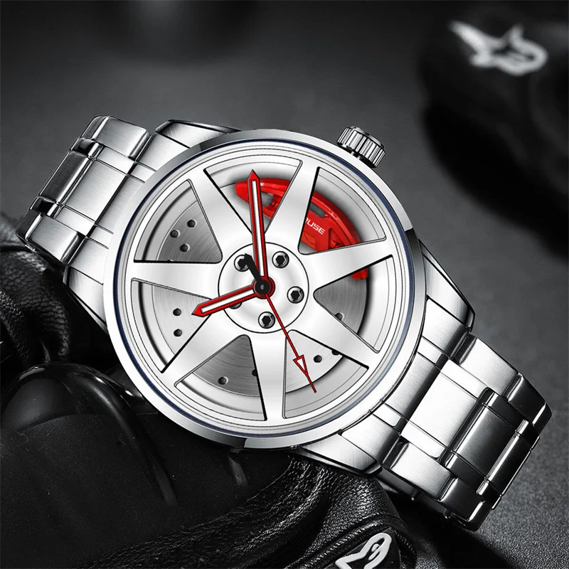 BORUSE Fashion Men\'s Car Wheel Watches for Men Sports Waterproof Quartz Wristwatch Stainless Steel Wheel Hub Watch