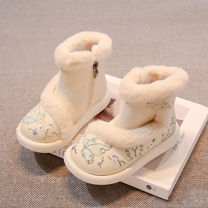 2-18 Years Old Girls Cotton Boots Pink Embroidered Flowers Bow Girls Cotton Shoes Autumn Winter Soft Hundred Children Baby Boots