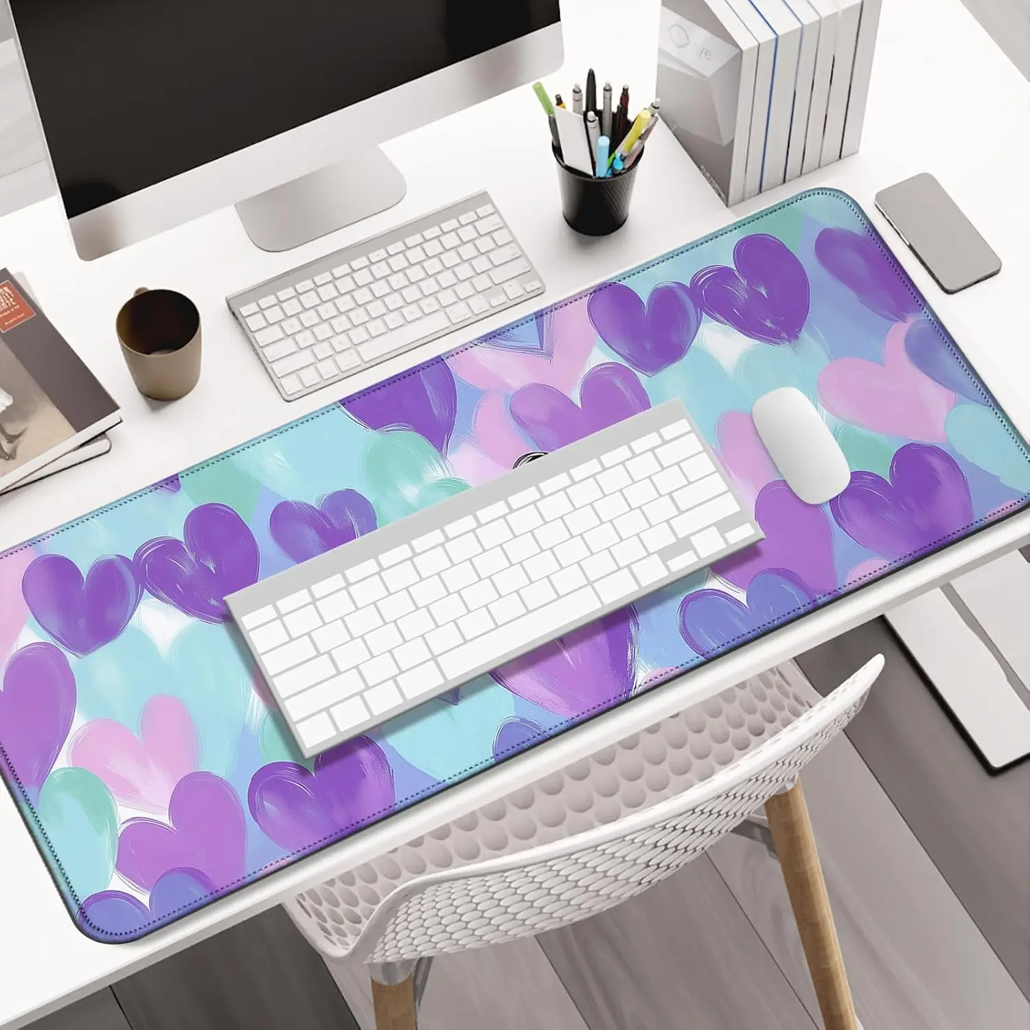 Cute Art Heart Desk Mouse Pad, Colorful Brush‑Stroke Pastel Hearts Pattern, Large Keyboard Mat For Gaming Working Desktop Decor