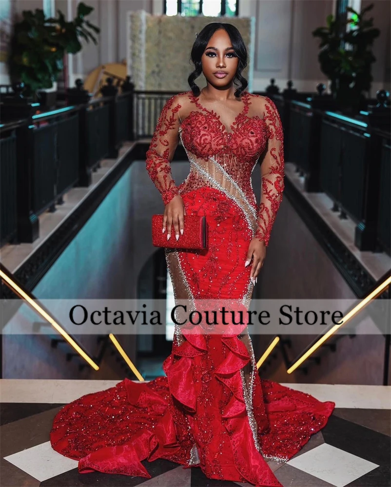 Aso Ebi Red O Neck Evening Dresses Black Girl Bead Crystal Appliques 2024 Birthday Luxury Dress Graduation Gown With Full Sleeve