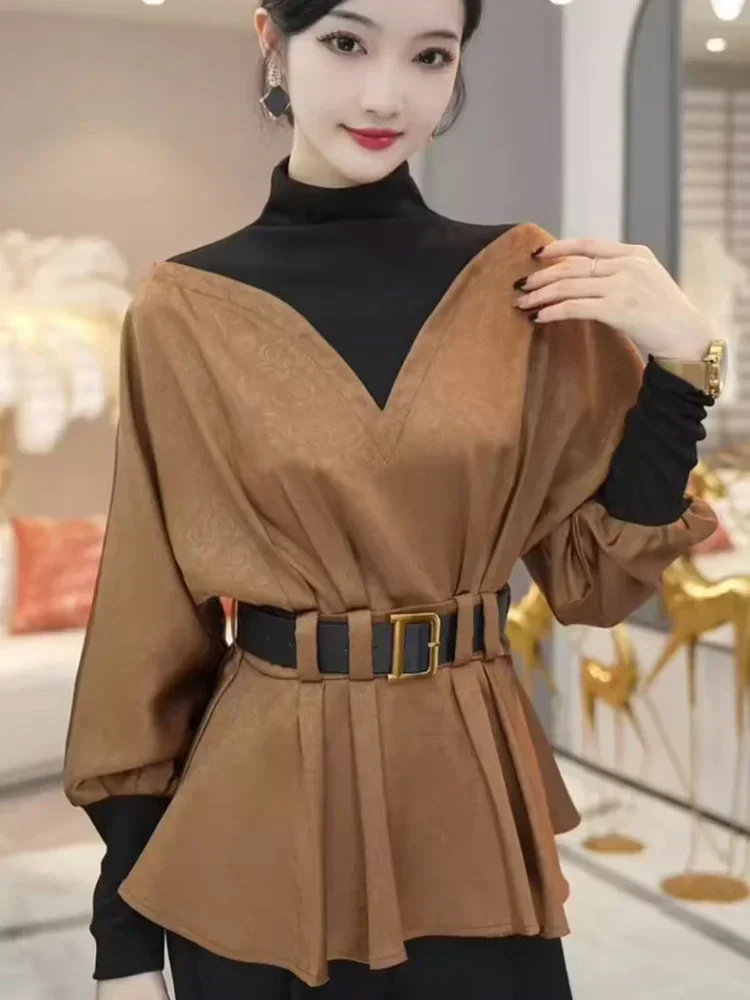 New Women Aesthetic Wine Red Fake Two Piece Loose Shirts Wtih Belt Luxury Fashion Blouse Turtleneck Spring Long Sleeve Pullover