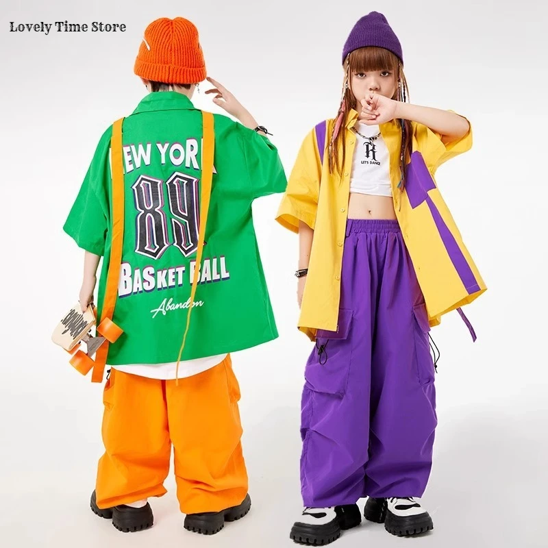 

Красочная контрастная свободная рубашка в стиле хип-хоп для девочек, штаны-карго, комплект одежды для уличных танцев для мальчиков, детская уличная одежда, детский джазовый костюм K-pop
