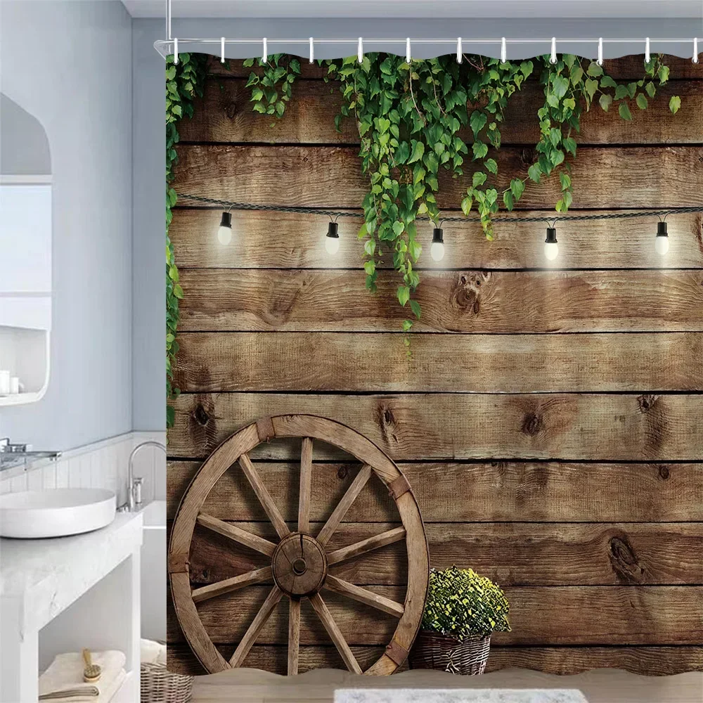 Rustic Farm Wooden Door Shower Curtains Barn Wheel Green Plant Grey Board Bath Curtain Polyester Cloth Bathroom Decor with Hooks