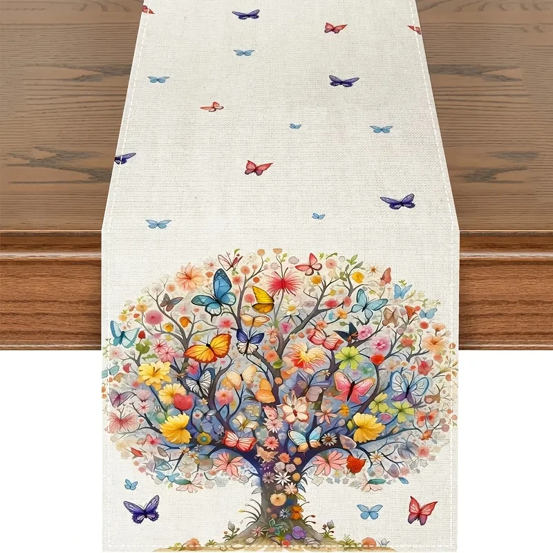 

Linen Table Runner | Spring Summer Floral & Butterfly Design | Woven Rectangular | Multiple Sizes for Home & Party Decor
