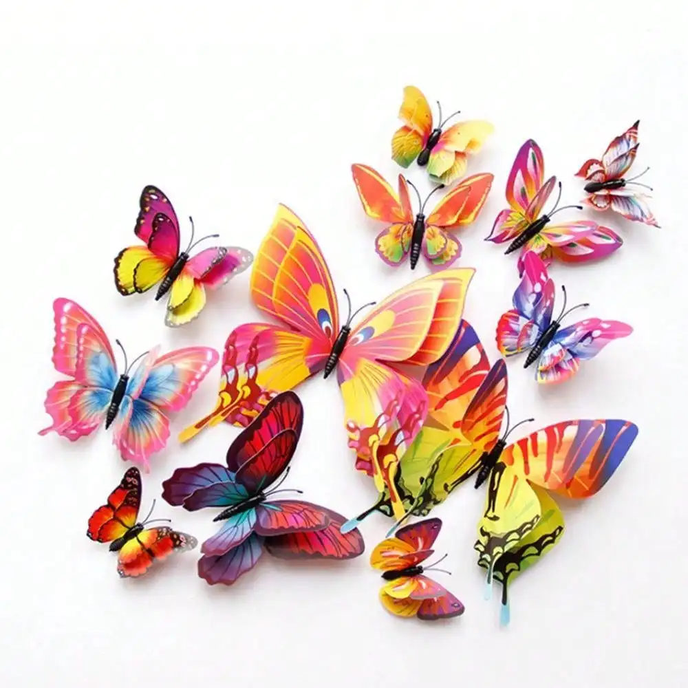 12-Pack Multi-Color 3D Butterfly Wall Stickers with Double Wings – PVC Fridge Magnets for Party & Home Decor