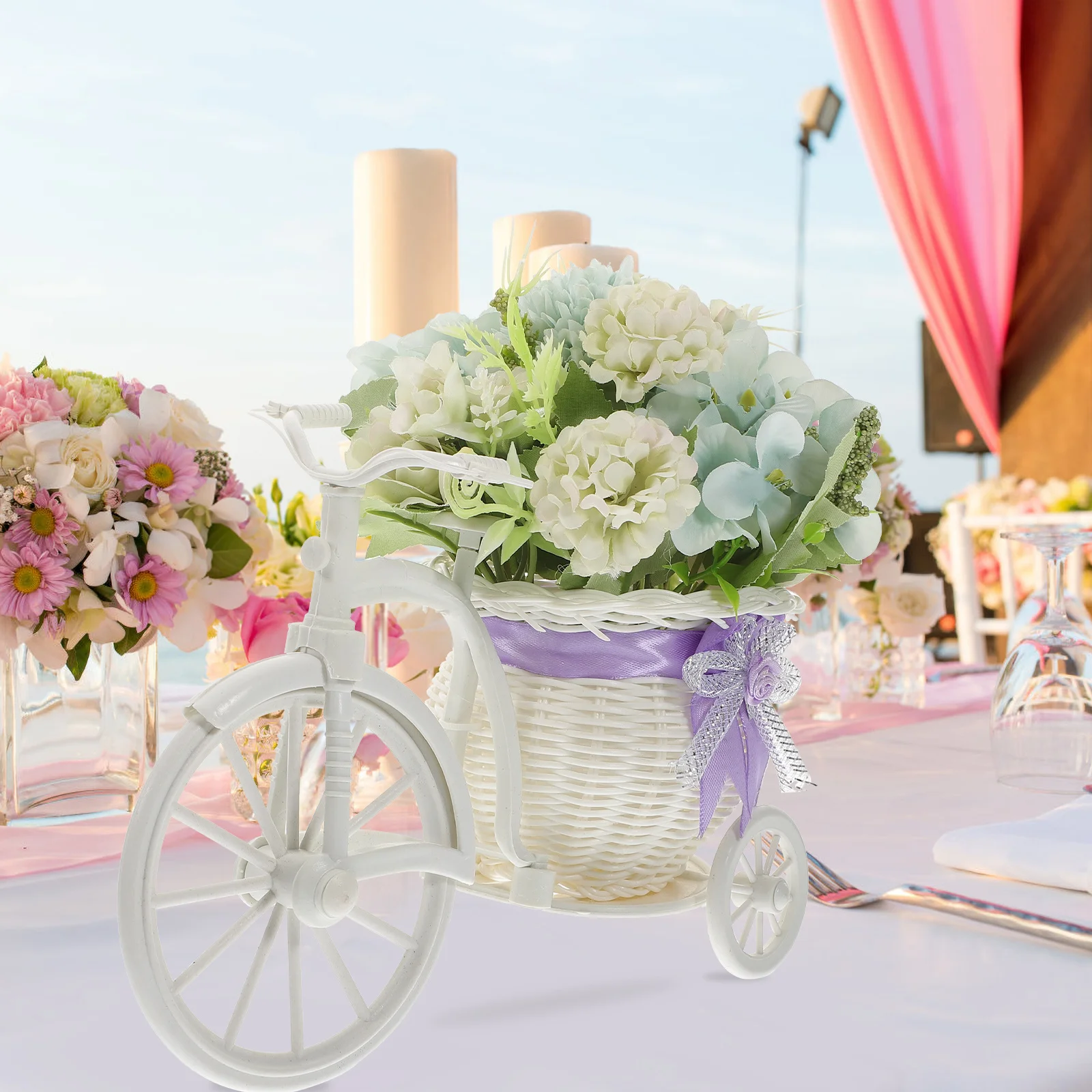 

Simulated Hydrangea Flower Bonsai Bicycle Tricycle Basket Decorative Artificial Flower Ornament for Home Office Wedding Party