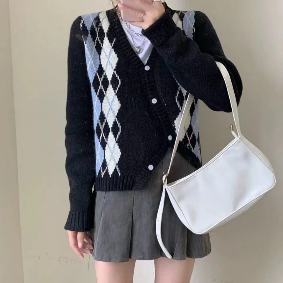 England Style Women's Fashionable Irregular Crochet Thick Knit Top with Argyle Pattern Casual Cardigan Sweater for Autumn Winter