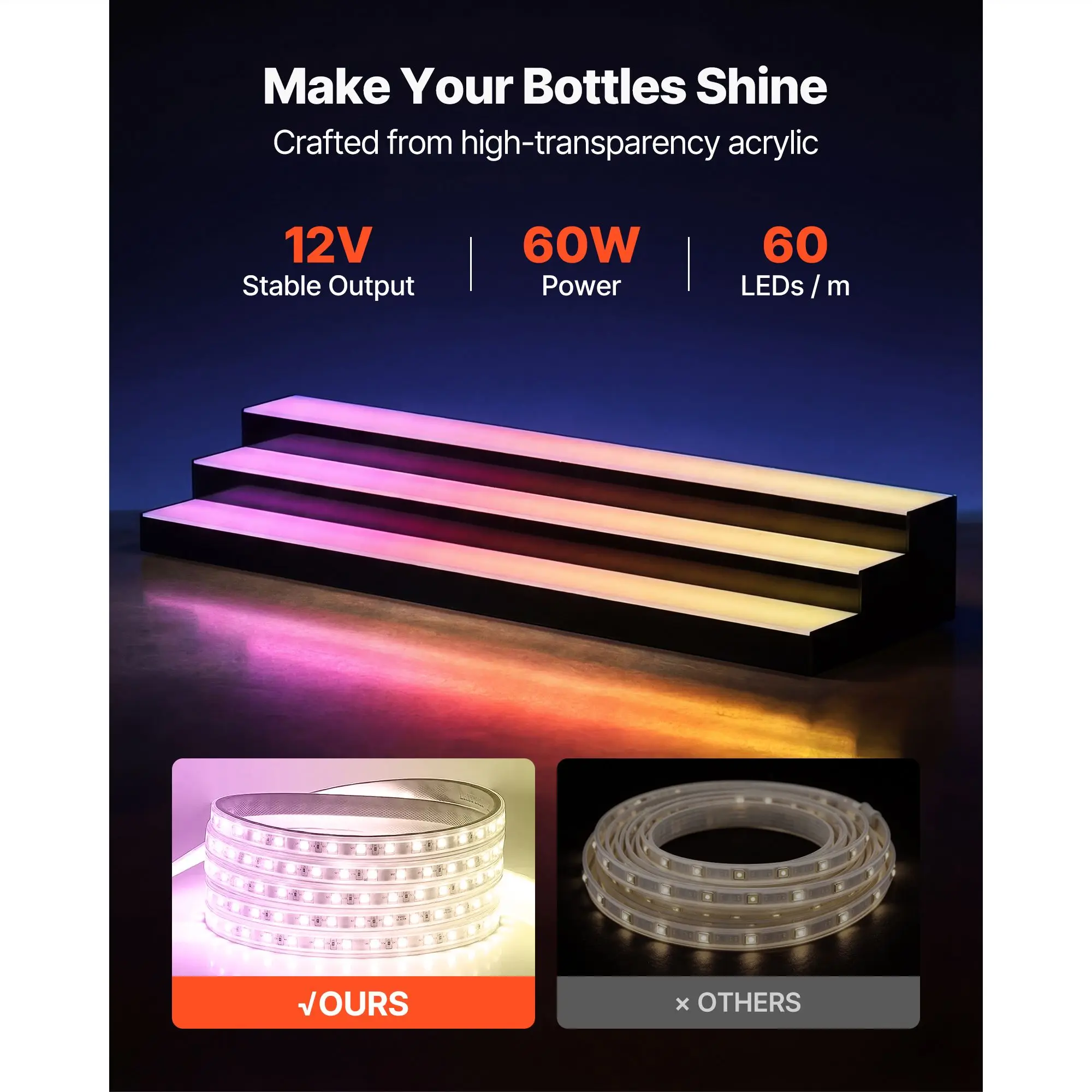 

LED Lighted Liquor Bottle Display, 3 Tiers 40 inches, Acrylic Illuminated Home Bar Shelf Display with RF Remote & App Control, DIY Setup with Type-C Cables, 9 Static Colors, for 30-39 Bottles