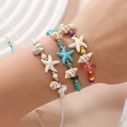 Stylish Bohemian Sea style Natural Seashell Beaded starfish Adjustable size hand string bracelet women's accessories