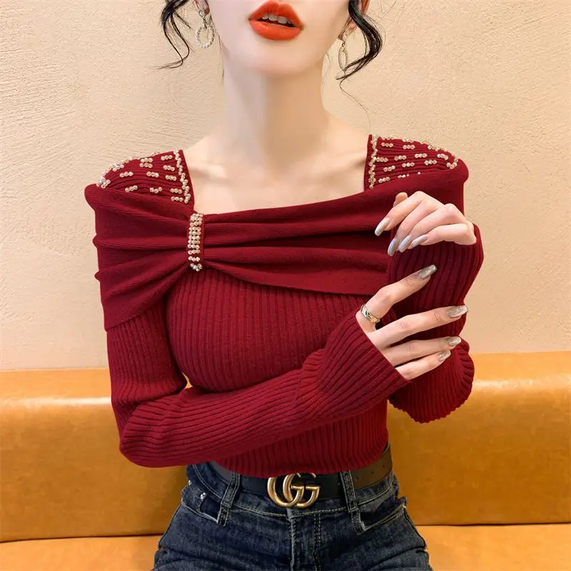 Spring Autumn Solid Color Square Collar Long Sleeve Fashion Sweater Women High Street Casual Slim Embroidered Flares Pullovers