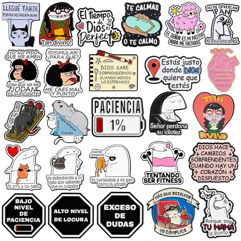 Spanish Quotes Collection Enamel Pins Comedy Ugly Girl Flork Memes Fitness Brooch Slang Low Battery Patience Badge Jewelry Gifts