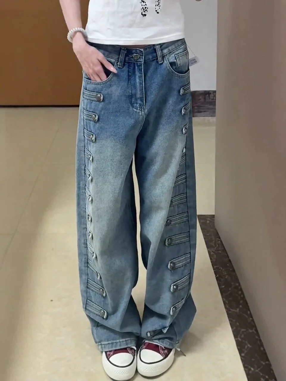 Retro American Large Size Denim Jeans Double Row Buttons Worn Look High Waist Wide Leg Straight Cut Casual Trousers for Women