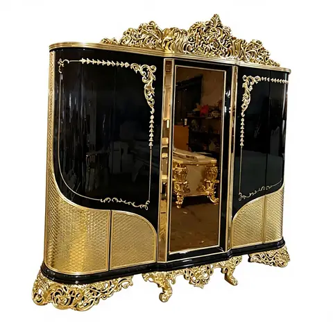 #Luxury Black Gold Antique French Style Bedroom Furniture Wardrobe with Mirror Solid Wood Doors Closet Organizer Shelves Drawers