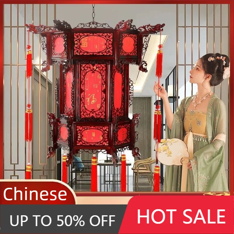 Chinese Style Hexagonal Palace Lantern Wooden Antique Outdoor Lantern Red Retro Luxury Balcony Lanterns Courtyard Decor Festival