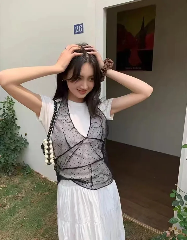 Kore Ins aynı dantel dalga noktası kaşkorse elbise bayan örgü kolsuz orta uzunlukta kapak Up elbise yaz yeni Y2K kız Spicy Girlsf