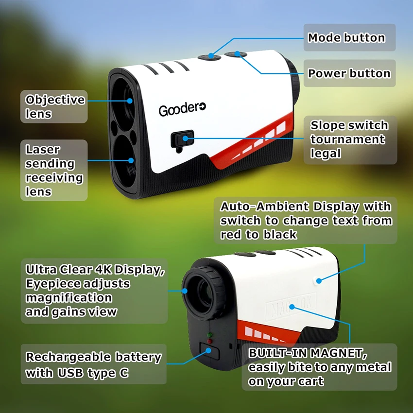 Goodero Golf Laser Rangefinder with Magnetic Rechargeable Battery 7X Magnification Range Finder with Slope Vibration Hunting