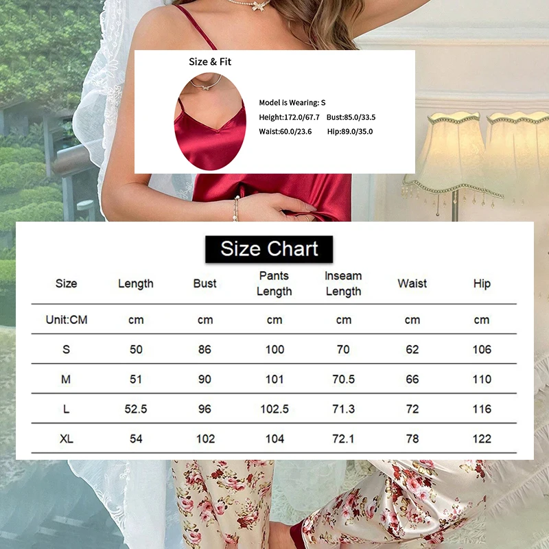 Women\'s Home Clothes Luxurious Floral Print Satin Pajama Set Elegant V-Neck Backless Cami Top & Elastic Waist Long Pants Pyjama